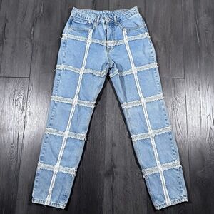 Ragged Jeans Womens 28 Blue Patchwork Light Wash Y2K Preppy‎ Punk Fringe Grunge